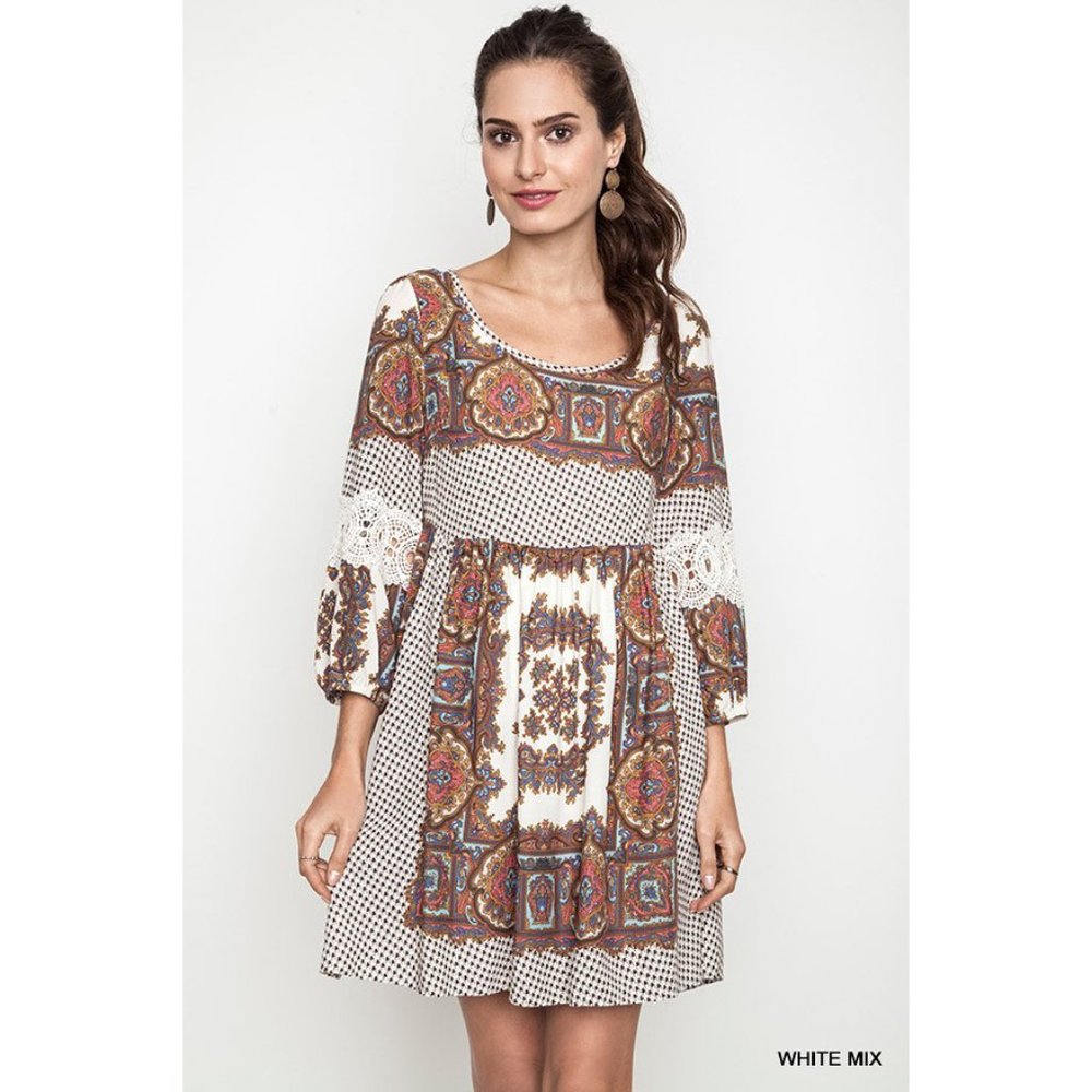 Umgee Womens Scoop Neck 3/4 Sleeve Short Dress -- White Mix, Small NEW